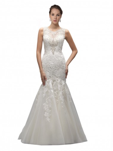 Avorio Stile sirena Illusione Sweep treno Tulle Pizzo Abiti da sposa Basso Prezzo
