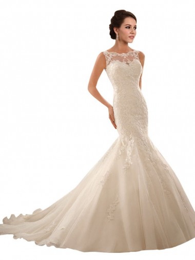 Avorio Stile sirena Illusione Tulle Pizzo Abiti da sposa Basso Prezzo