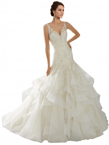 Avorio Stile sirena Scollatura a V Tulle Abiti da sposa Basso Prezzo
