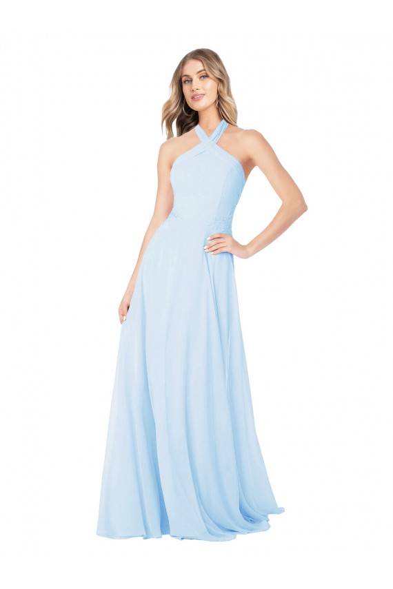 Azzurro cielo Linea A Capestro Alto Collo Chiffona Lunga Abiti da damigella donore Basso Prezzo