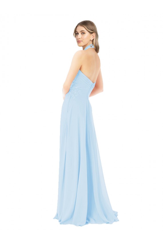 Azzurro cielo Linea A Capestro Alto Collo Chiffona Lunga Abiti da damigella donore Basso Prezzo
