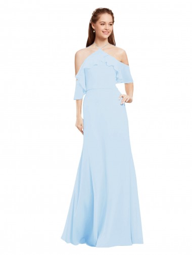 Azzurro cielo Linea A Capestro Chiffona Lunga Abiti da damigella donore Basso Prezzo