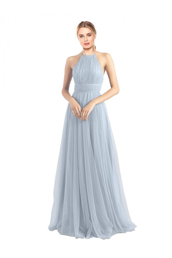 Azzurro cielo Linea A Capestro Tulle Lunga Abiti da damigella donore Basso Prezzo