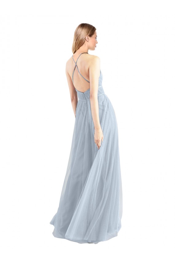 Azzurro cielo Linea A Capestro Tulle Lunga Abiti da damigella donore Basso Prezzo