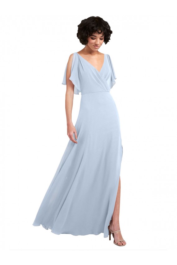 Azzurro cielo Linea A Scollatura a V Chiffona Lunga Abiti da damigella donore Basso Prezzo