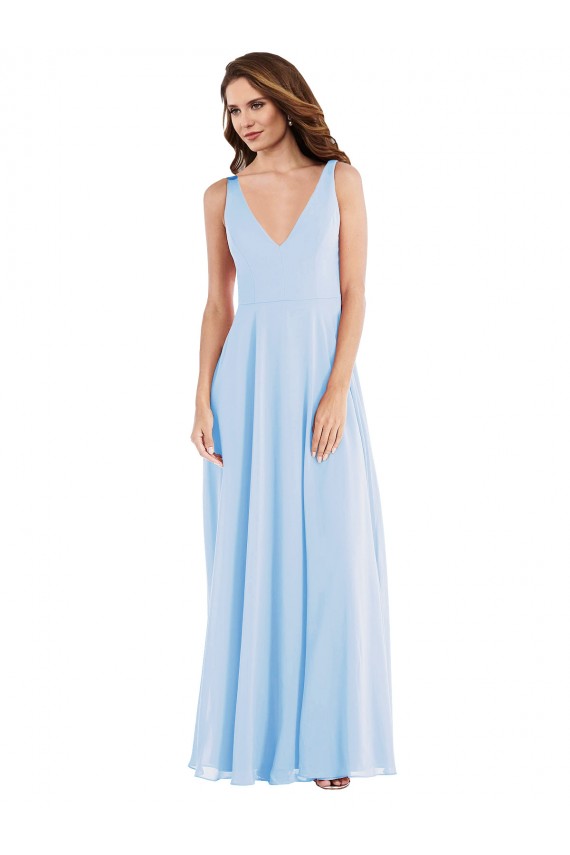 Azzurro cielo Linea A Scollatura a V Chiffona Lunga Abiti da damigella donore Basso Prezzo