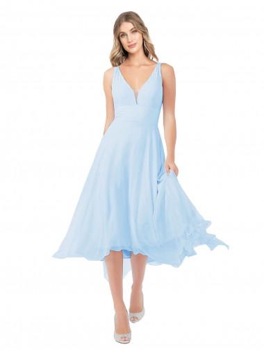 Azzurro cielo Linea A Scollatura a V Midi Chiffona Corto Abiti da damigella donore / Abiti da cocktail Basso Prezzo