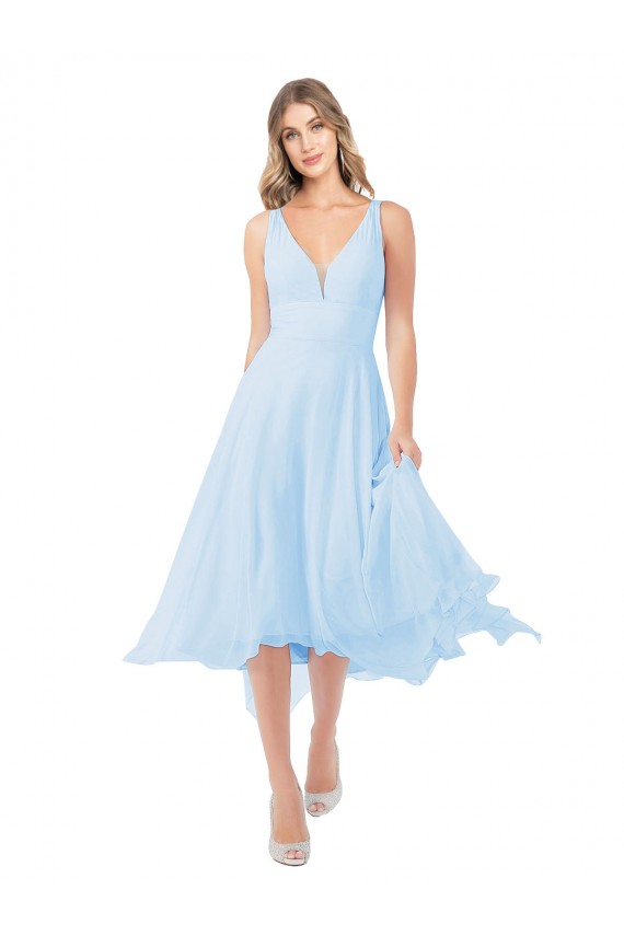 Azzurro cielo Linea A Scollatura a V Midi Chiffona Corto Abiti da damigella donore / Abiti da cocktail Basso Prezzo