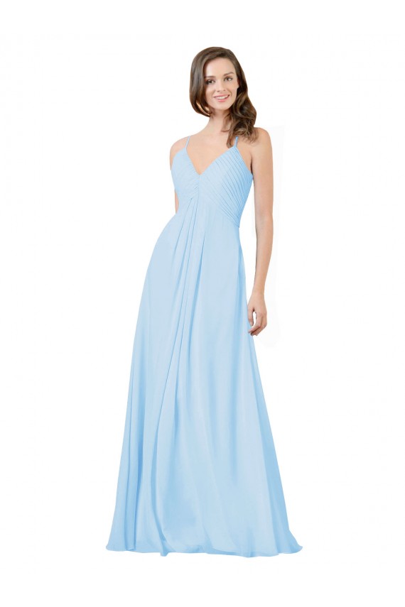 Azzurro cielo Linea A Sottili Scollatura a V Chiffona Lunga Abiti da damigella donore Basso Prezzo