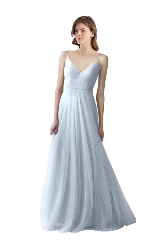 Azzurro cielo Linea A Sottili Scollatura a V Tulle Lunga Abiti da damigella donore Basso Prezzo