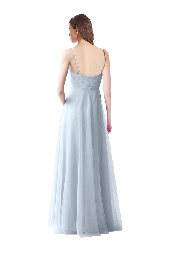Azzurro cielo Linea A Sottili Scollatura a V Tulle Lunga Abiti da damigella donore Basso Prezzo