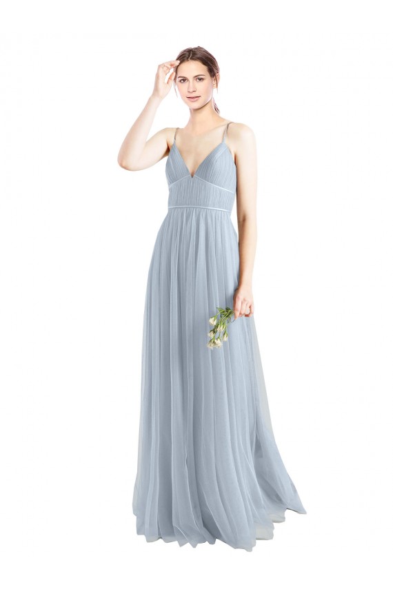 Azzurro cielo Linea A Sottili Scollatura a V Tulle Lunga Abiti da damigella donore Basso Prezzo
