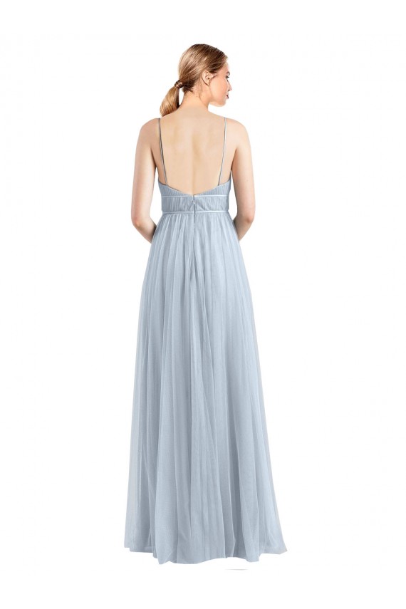 Azzurro cielo Linea A Sottili Scollatura a V Tulle Lunga Abiti da damigella donore Basso Prezzo