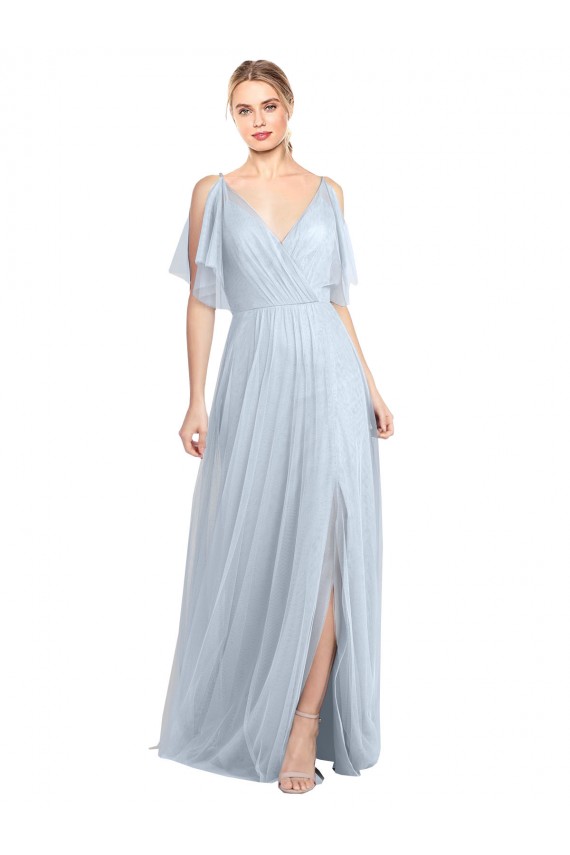 Azzurro cielo Linea A Sottili Scollatura a V Tulle Lunga Abiti da damigella donore Basso Prezzo