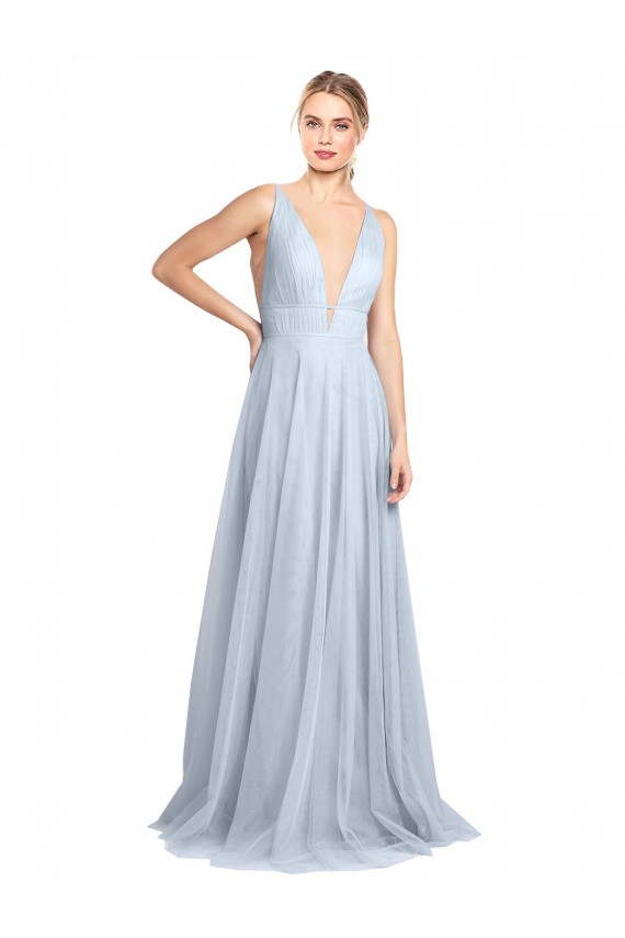 Azzurro cielo Linea A Sottili Scollatura a V Tulle Lunga Abiti da damigella donore Basso Prezzo