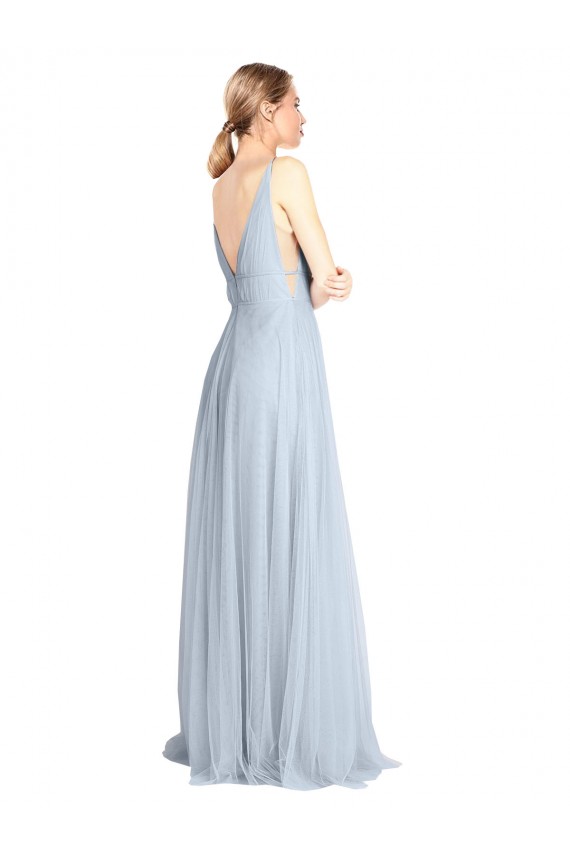 Azzurro cielo Linea A Sottili Scollatura a V Tulle Lunga Abiti da damigella donore Basso Prezzo