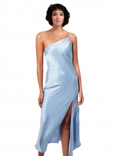 Azzurro cielo Linea A Una spalla Midi Raso Setoso Corto Abiti da damigella donore / Abiti da sera / Abiti da cocktail Basso Prezzo
