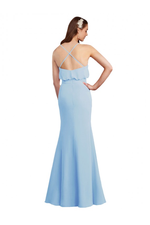 Azzurro cielo Stile sirena Sottili Scollatura a V Chiffona Lunga Abiti da damigella donore Basso Prezzo