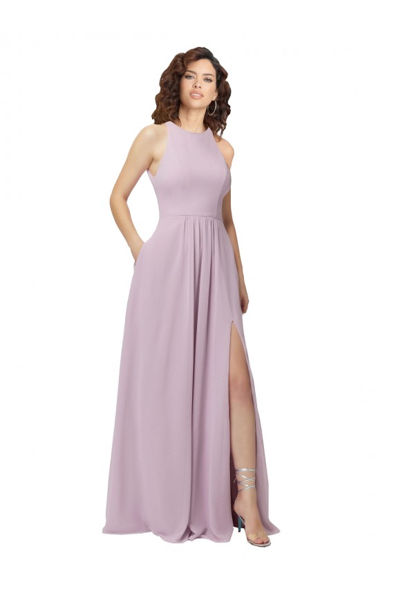 Bagliore rosa Linea A Capestro Alto Collo Chiffona Lunga Abiti da damigella donore Basso Prezzo