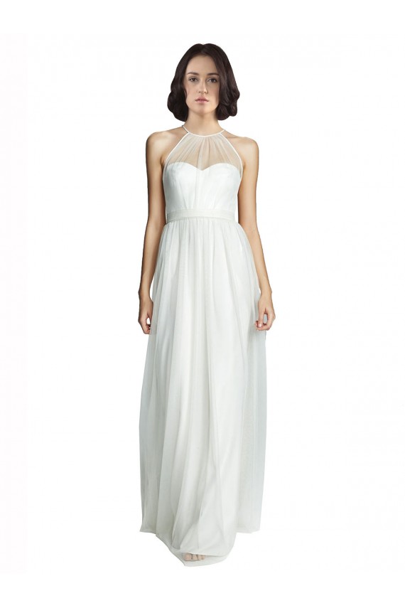 Bianco Linea A Capestro Alto Collo Tulle Lunga Abiti da damigella donore Basso Prezzo