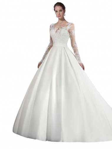 Bianco Linea A Illusione Cattedrale di treno Raso Pizzo Abiti da sposa Basso Prezzo