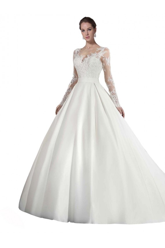 Bianco Linea A Illusione Cattedrale di treno Raso Pizzo Abiti da sposa Basso Prezzo