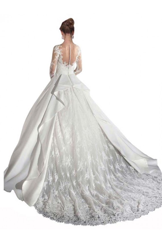 Bianco Linea A Illusione Cattedrale di treno Raso Pizzo Abiti da sposa Basso Prezzo