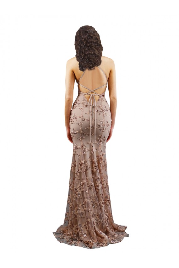 Oro rosa Stile sirena Alto Collo Crespo Elastico Paillettes Tulle Lunga Formali Abiti da damigella donore / Abiti da sera / Abiti da ballo Basso Prezzo