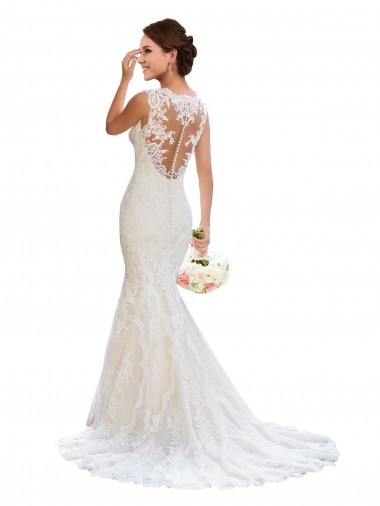 Bianco Stile sirena Scollatura a V Pizzo Abiti da sposa Basso Prezzo