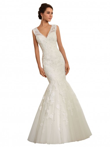 Bianco Stile sirena Scollatura a V Tulle Pizzo Abiti da sposa Basso Prezzo