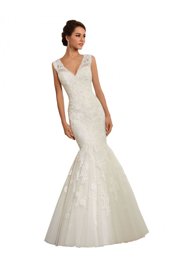 Bianco Stile sirena Scollatura a V Tulle Pizzo Abiti da sposa Basso Prezzo
