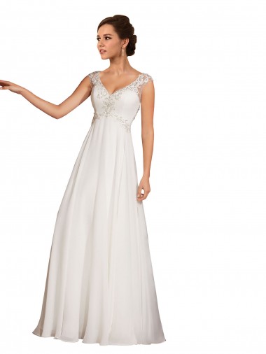 Bianco Tubino Scollatura a V Chiffona Pizzo Abiti da sposa Basso Prezzo