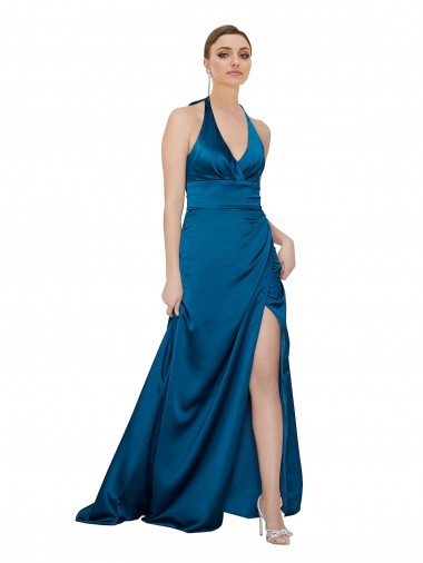 Blu Pavone Linea A Capestro Raso Setoso Lunga Formali Abiti da damigella donore / Abiti da sera / Abiti da ballo Basso Prezzo