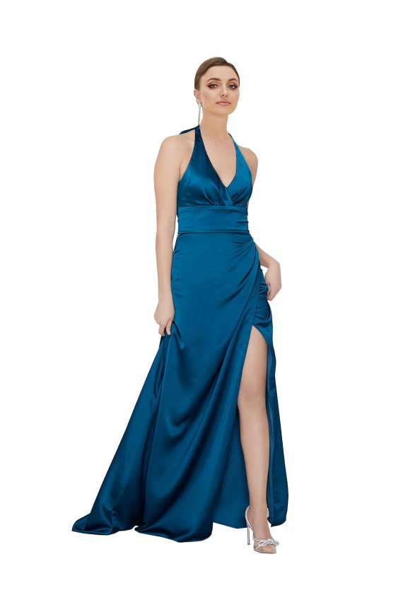 Blu Pavone Linea A Capestro Raso Setoso Lunga Formali Abiti da damigella donore / Abiti da sera / Abiti da ballo Basso Prezzo