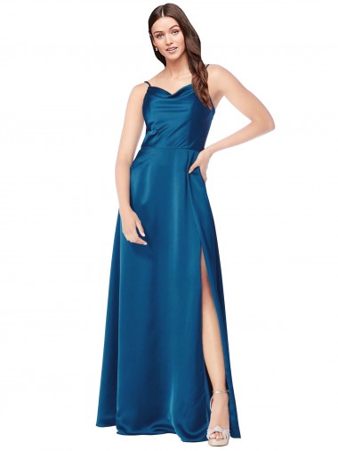 Blu Pavone Linea A Sottili Cappuccio Raso Setoso Lunga Formali Abiti da damigella donore / Abiti da sera / Abiti da ballo Basso Prezzo
