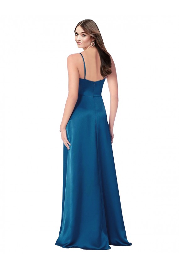 Blu Pavone Linea A Sottili Cappuccio Raso Setoso Lunga Formali Abiti da damigella donore / Abiti da sera / Abiti da ballo Basso Prezzo