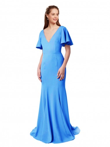 Blu Pavone Stile sirena Scollatura a V Sweep treno Crespo Elastico Lunga Abiti da damigella donore / Abiti da ballo Basso Prezzo