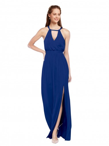 Blu Reale Linea A Alto Collo Chiffona Lunga Abiti da damigella donore Basso Prezzo
