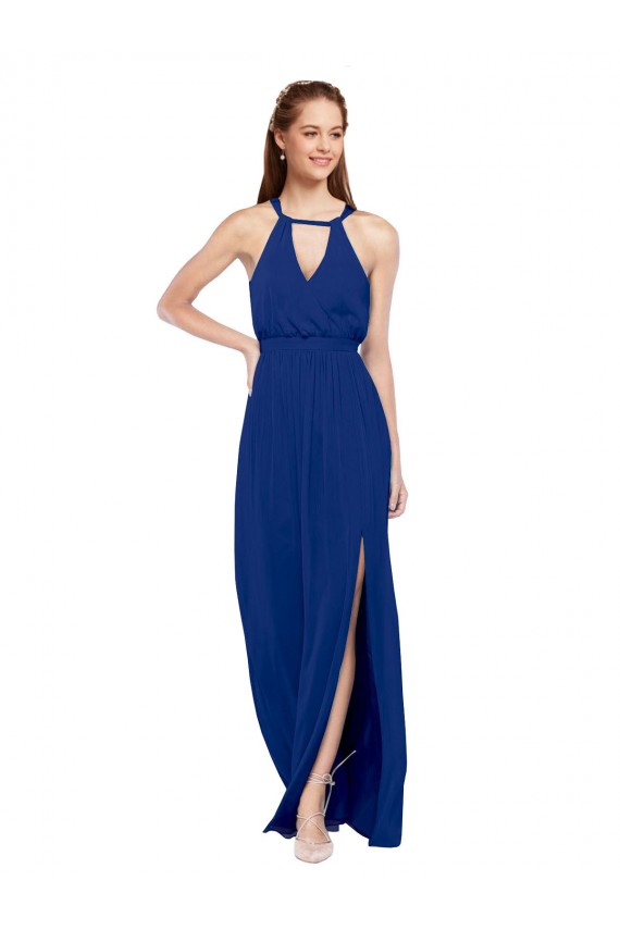 Blu Reale Linea A Alto Collo Chiffona Lunga Abiti da damigella donore Basso Prezzo