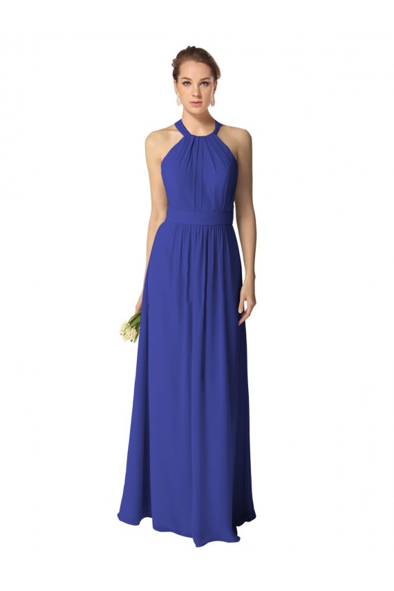 Blu Reale Linea A Capestro Chiffona Lunga Abiti da damigella donore Basso Prezzo