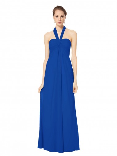 Blu Reale Linea A Capestro Chiffona Lunga Abiti da damigella donore Basso Prezzo