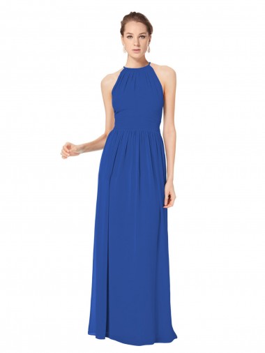 Blu Reale Linea A Capestro Chiffona Lunga Abiti da damigella donore Basso Prezzo