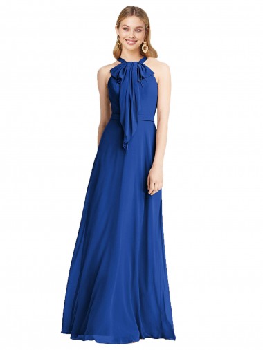 Blu Reale Linea A Capestro Chiffona Lunga Abiti da damigella donore Basso Prezzo