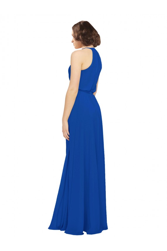 Blu Reale Linea A Collo Gioiello Chiffona Lunga Abiti da damigella donore Basso Prezzo