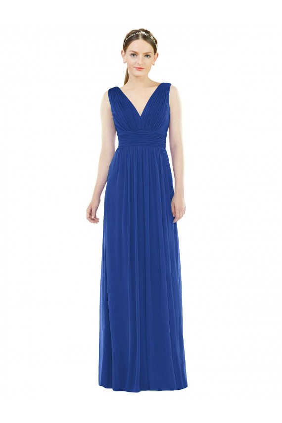 Blu Reale Linea A Scollatura a V Chiffona Lunga Abiti da damigella donore Basso Prezzo