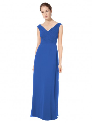 Blu Reale Linea A Scollatura a V Chiffona Lunga Abiti da damigella donore Basso Prezzo
