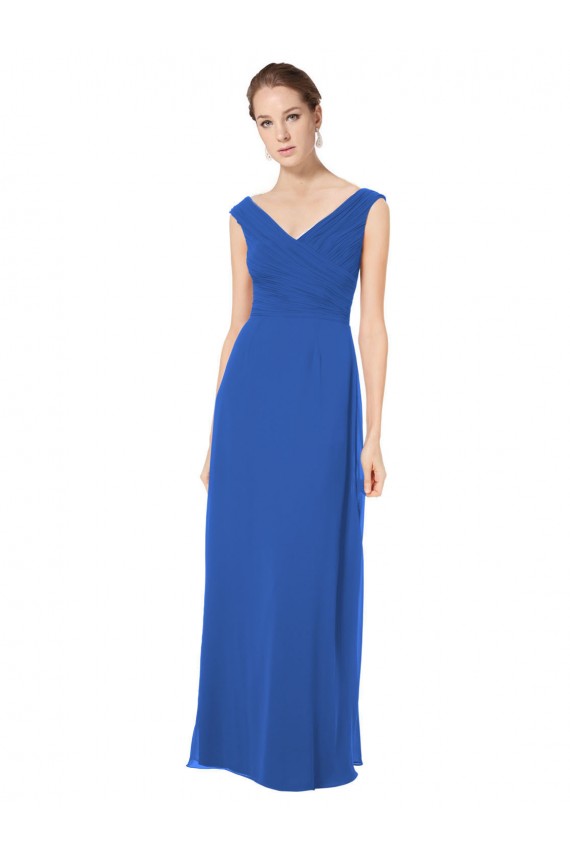 Blu Reale Linea A Scollatura a V Chiffona Lunga Abiti da damigella donore Basso Prezzo