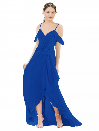 Blu Reale Linea A Scollatura a V Chiffona Lunga Abiti da damigella donore Basso Prezzo