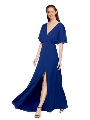Blu Reale Linea A Scollatura a V Chiffona Lunga Abiti da damigella donore Basso Prezzo