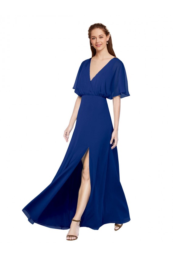 Blu Reale Linea A Scollatura a V Chiffona Lunga Abiti da damigella donore Basso Prezzo